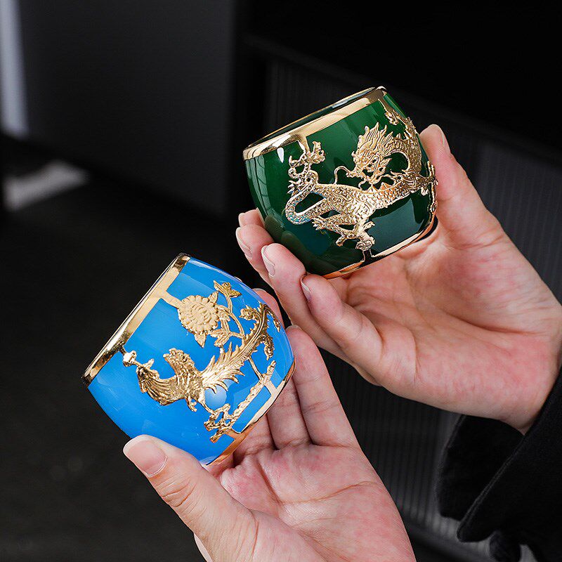 金镶玉手工镶嵌龙凤对杯琉璃主人杯个人专用茶杯功夫茶具茶杯