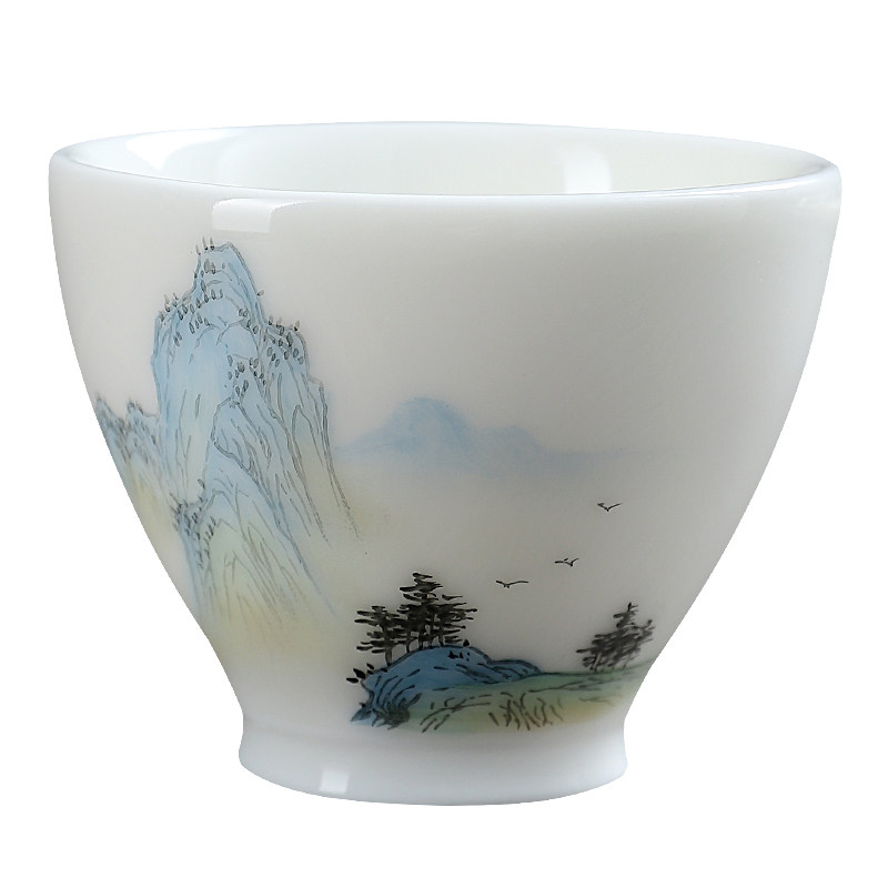 妙莲天香庄晓明大师手绘《只此青绿》高档羊脂玉瓷主人杯茶杯单杯