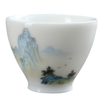 妙莲天香庄晓明大师手绘《只此青绿》高档羊脂玉瓷主人杯茶杯单杯