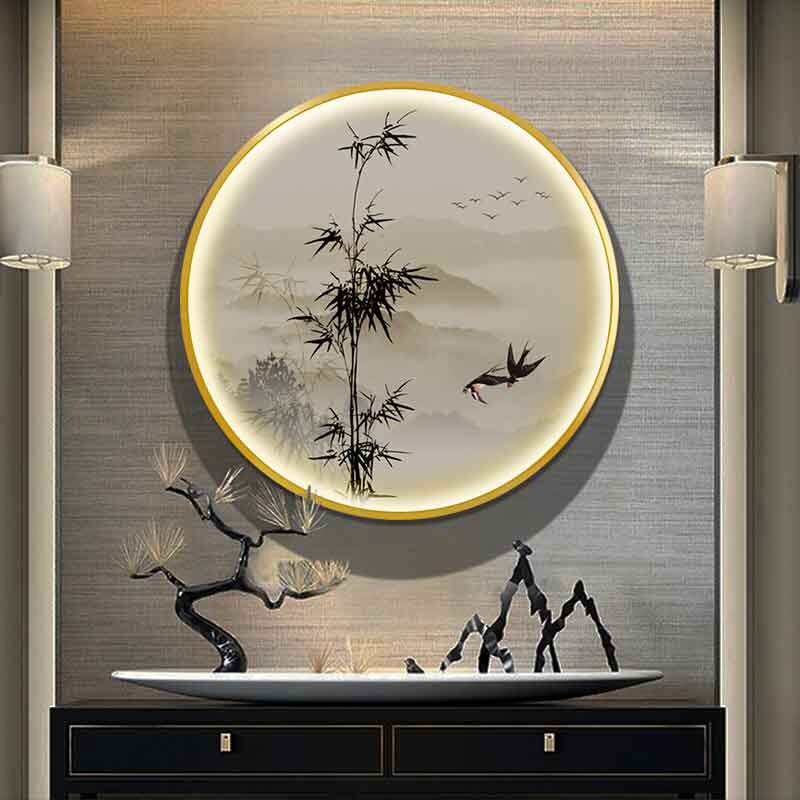 竹子圆形装饰画水墨新中式入户玄关走廊过道挂画带灯发光茶室壁画