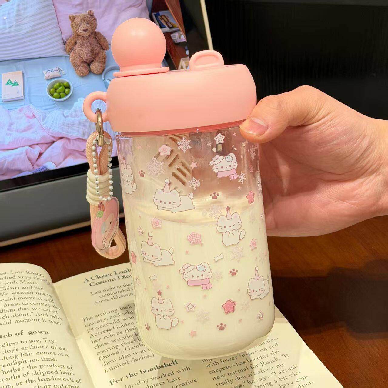 小猫双饮吸管塑料杯子女生高颜值耐高温茶水分离透明水杯女孩可爱