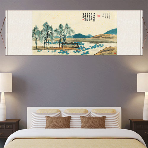 丝绸画横幅山水画国画旭日挂画招财办公室装饰画旭日东升青山楼阁