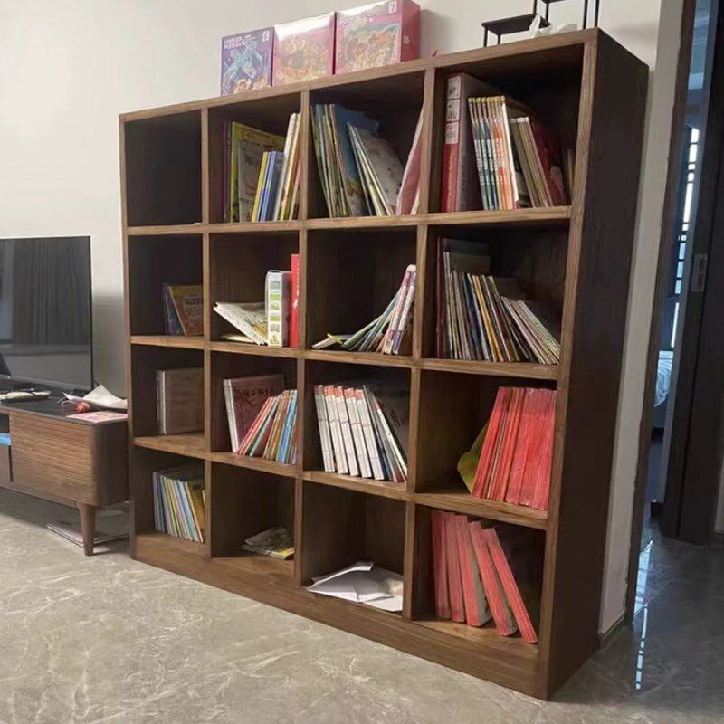 纯实木书架胡桃色格子原木榫卯组合收纳柜落地储物多层置物矮书架