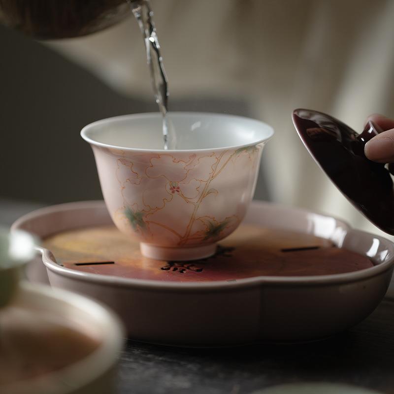 清欢丨苍烟红釉下彩手绘月季花盖碗 手工薄胎陶瓷泡茶碗功夫茶具