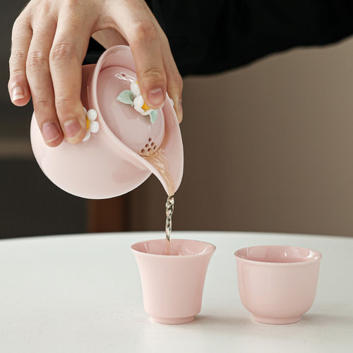 陶瓷粉色快客杯一壶二杯便携式旅行茶具套装户外喝茶装备露营茶具