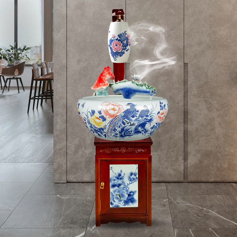 景德镇陶瓷鱼缸喷泉循环过滤加氧乌龟缸养龟箱大型家用酒店装饰品