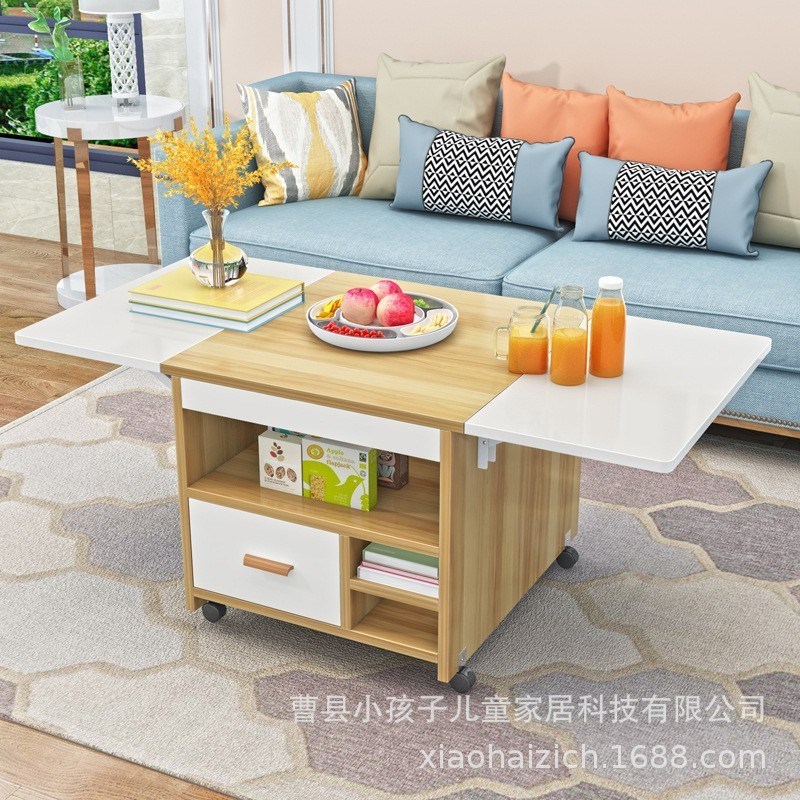 家用收纳多功能折叠茶几小户型可移动带轮仿岩板抽屉款茶几桌