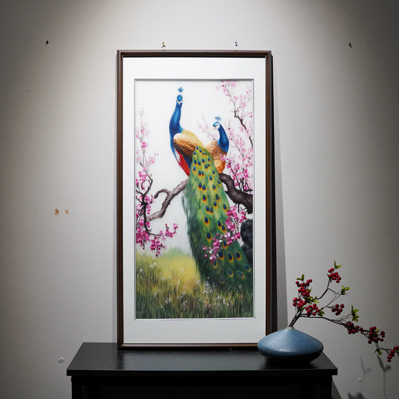 新中式风格动物孔雀图精品纯手工苏绣玄关走廊过道可定制成品挂画