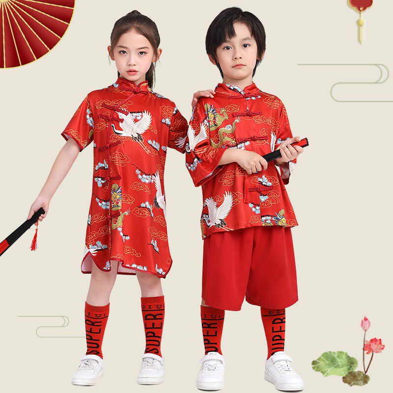 元旦儿童中国风团体舞演出服男童唐装女童旗袍少儿红色啦啦操服装