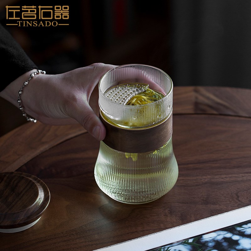 左茗右器日式带过滤月牙杯茶水分离泡茶杯办公室个人专用玻璃水杯