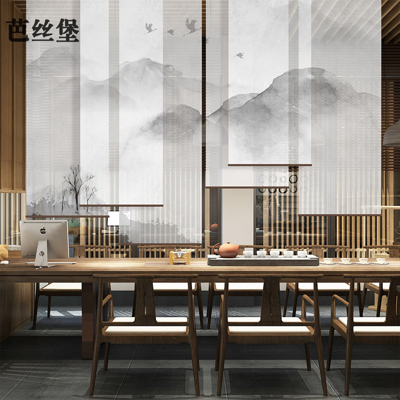 中式卷帘软隔断帘茶室透明窗帘禅意挂式升降卧室大厅飘窗山水遮光