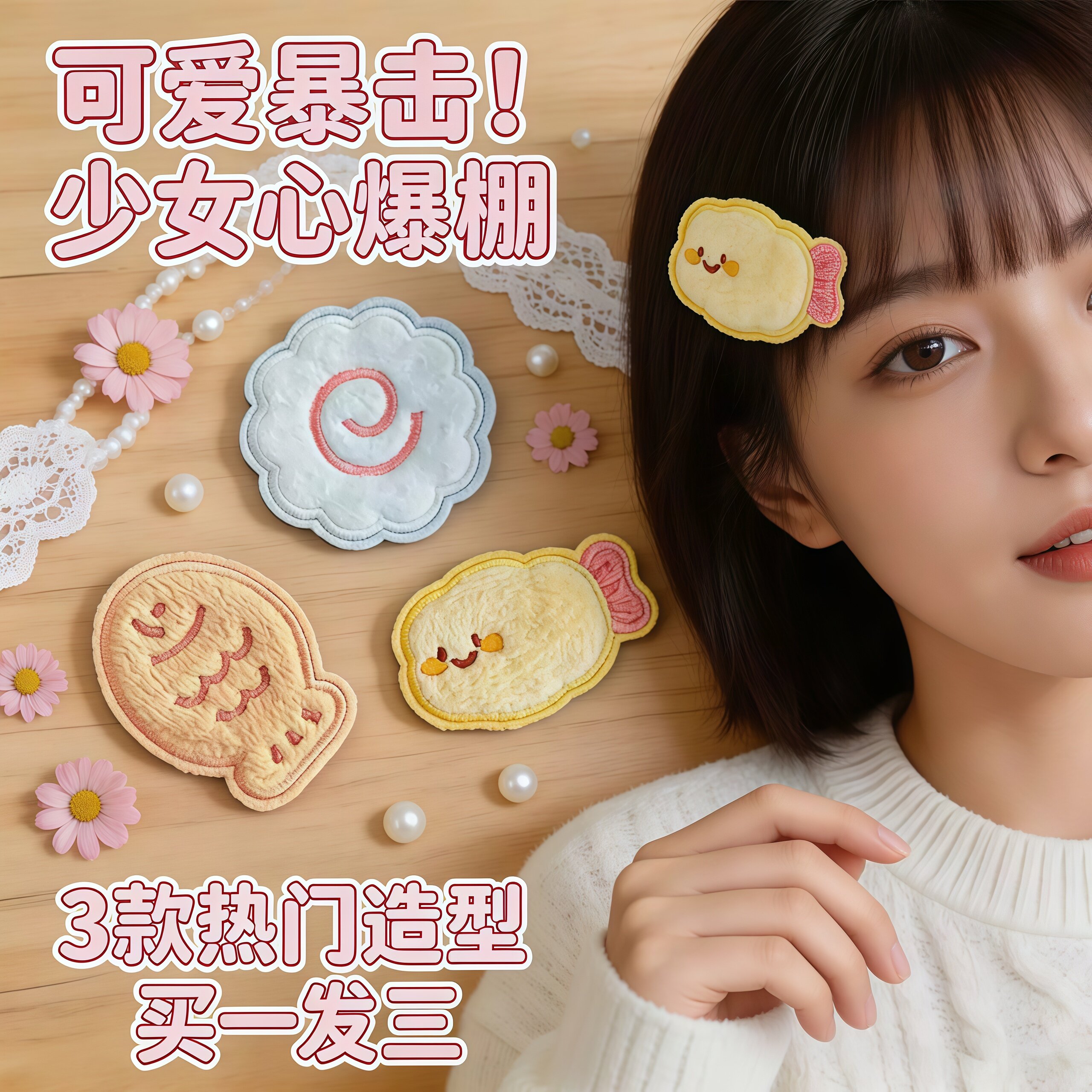 超可爱爆款小鱼炸虾小食记勾面魔术贴少女心软萌高颜值刘海碎发贴