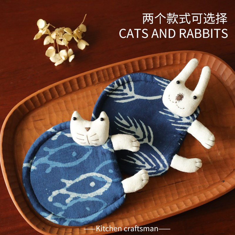 手工蜡染杯垫 日式卡通可爱猫咪兔子动物杯垫家用隔热垫茶托杯垫