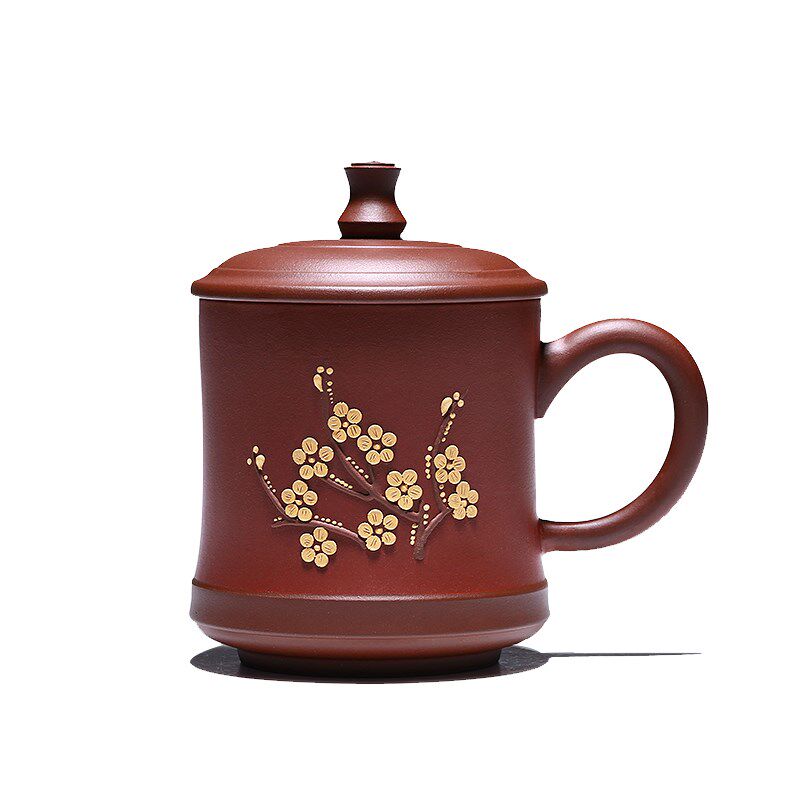 御壶茗香宜兴紫砂纯全手工梅花雕塑带盖茶杯紫清水泥办公杯子茶具