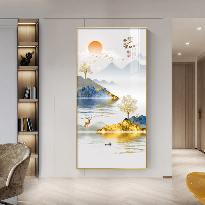 入户玄关装饰画新中式竖版走廊过道尽头挂画山水画客厅壁画晶瓷画