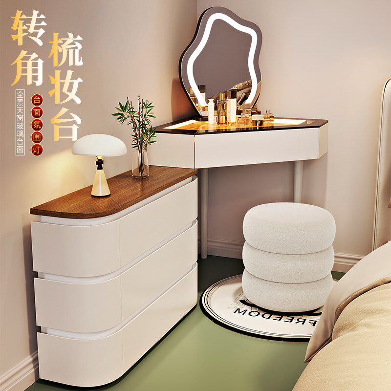 小户型拐角梳妆台卧室家用墙角三角化妆桌带化妆镜转角床头柜一体