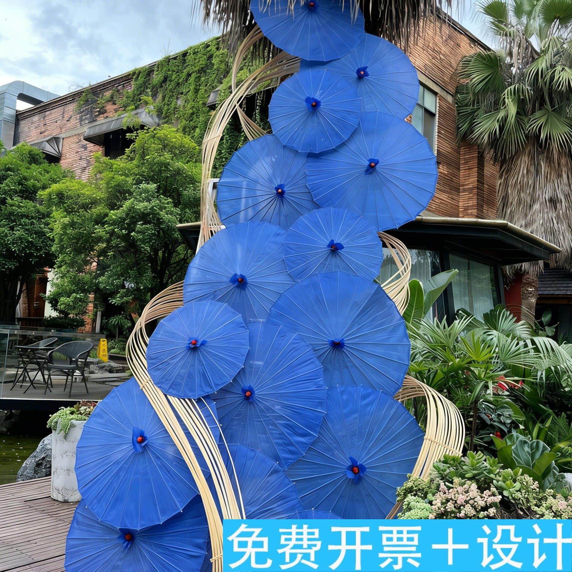 新中式氛围装饰古镇风景区拍照打卡墙蓝色系道具油纸伞门头位置
