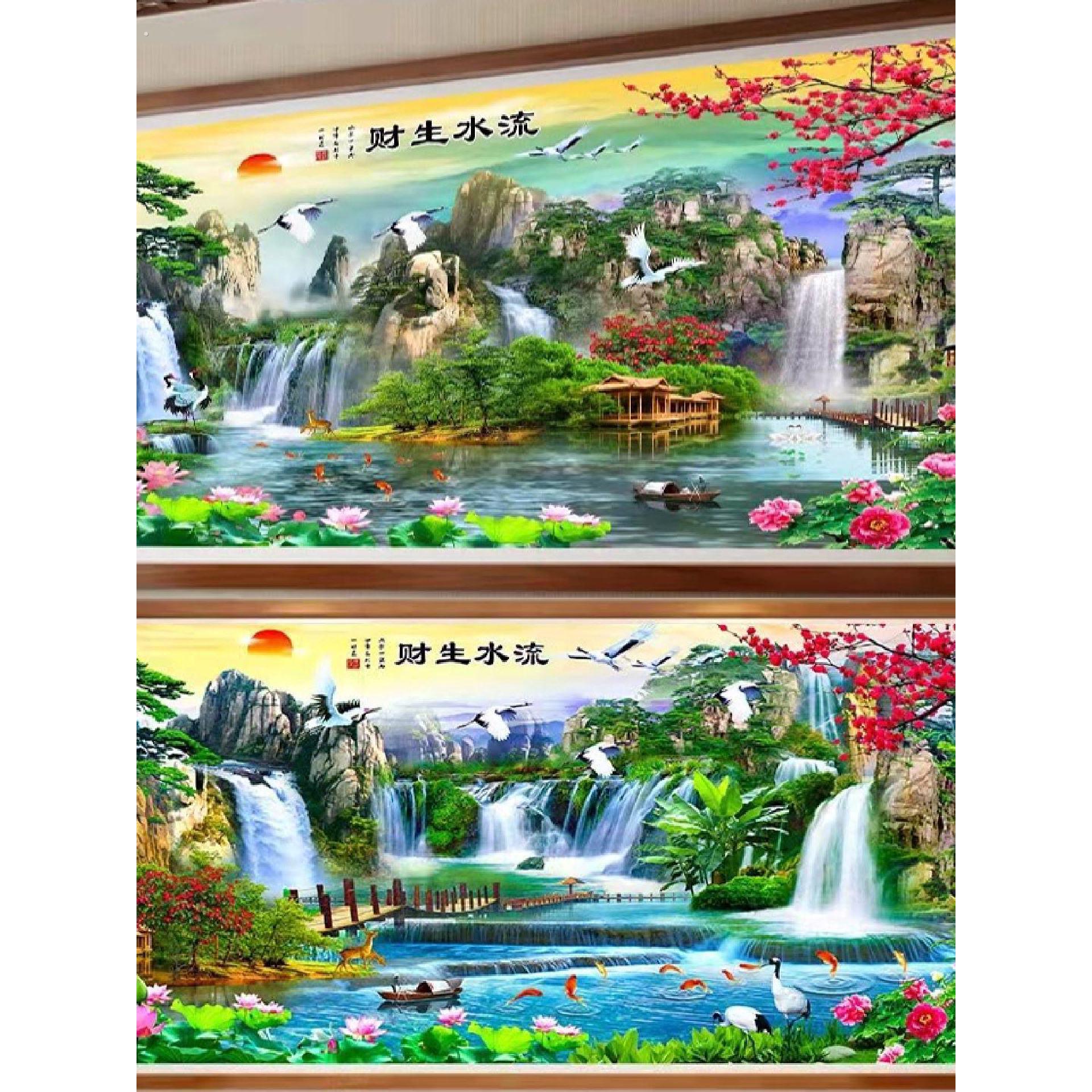 流水生财十字绣成品纯手工绣好的迎客松聚宝盆新款客厅风景山水画