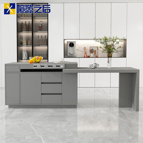 厨房可伸缩旋转岛台餐桌一体意式轻奢岩板中岛台茶桌吧台柜子8E39