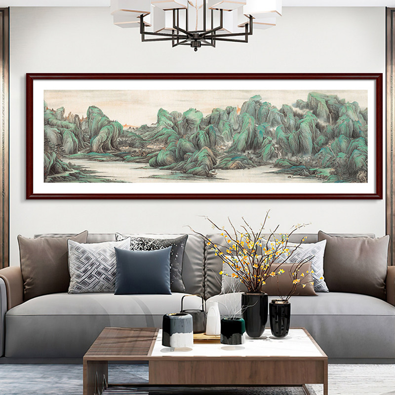 青山绿水图卷新中式装饰国画山水办公室沙发背景挂画风景客厅壁画