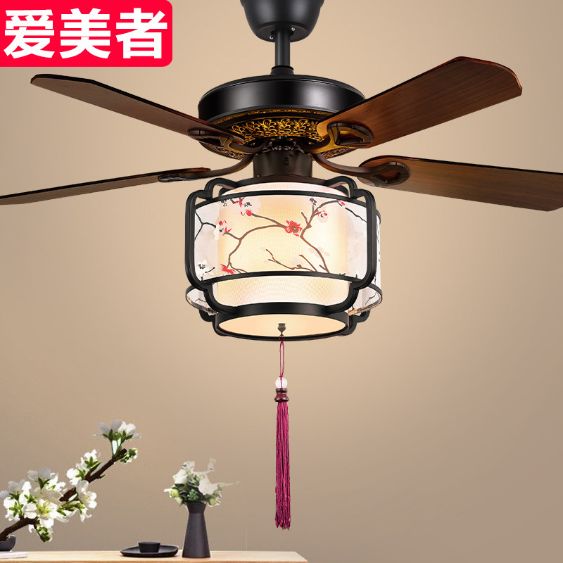 中式吊扇灯木叶风扇灯家用电扇吊灯餐厅客厅茶室复古传统灯扇一体