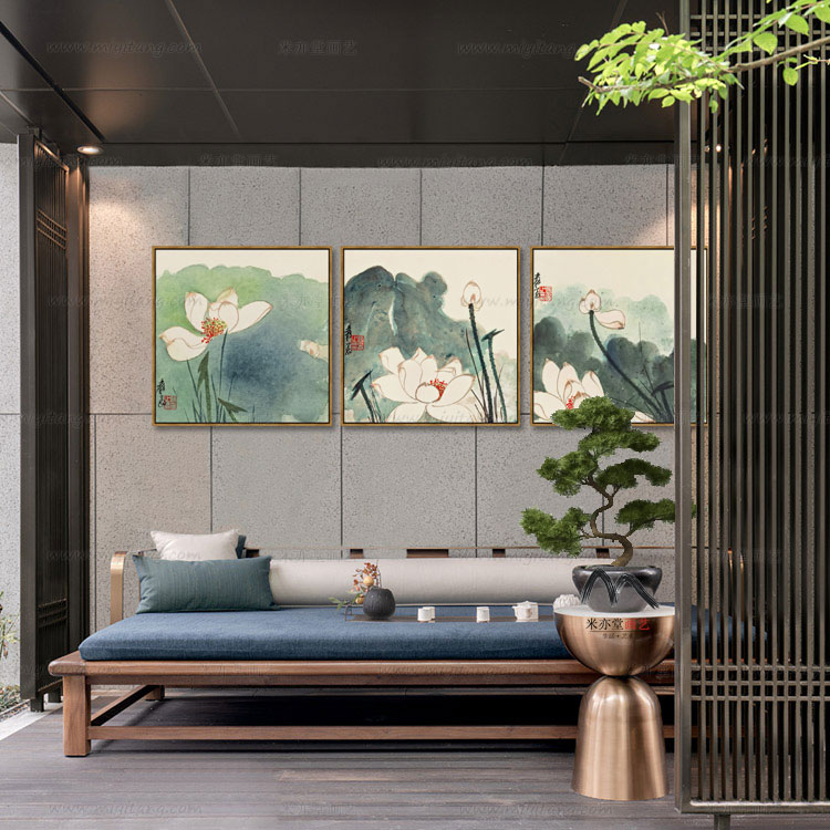 米亦堂x荷花 张大千新中式简约餐厅卧室床头玄关电表箱三联挂画