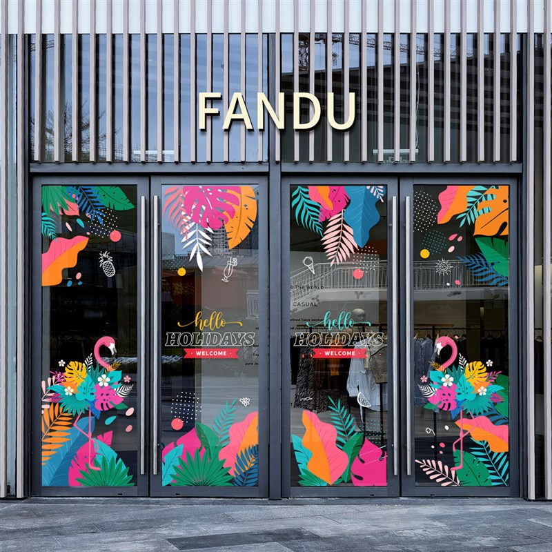 北欧火烈鸟玻璃贴纸商场珠宝店旅游酒店夏天热带植物窗花装饰布置