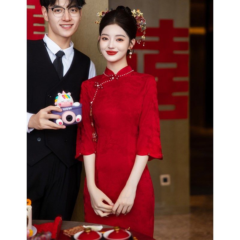 旗袍敬酒服酒红色结婚回门2025新款新中式婚服订婚小礼服裙女秋季