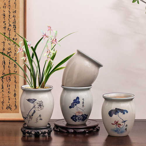 复古手绘仿青花高款花盆陶瓷家用室内兰花发财树办公桌面摆件带托