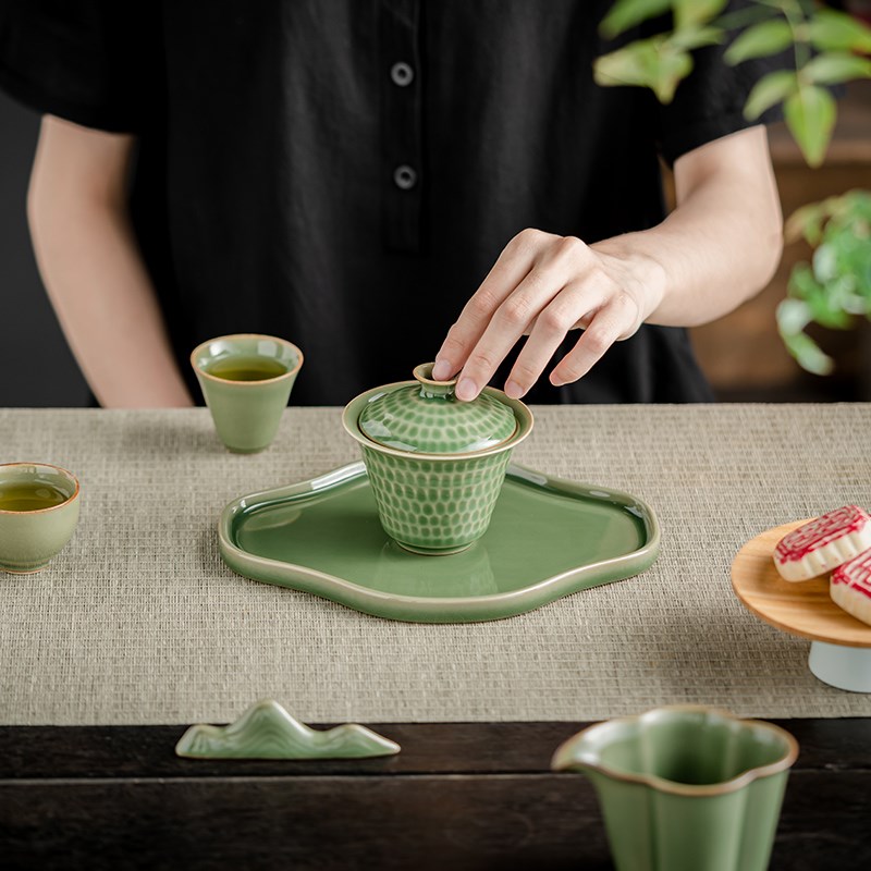 耀州窑青瓷竹绿釉海棠壶承干泡盘茶台小型茶具茶托盘家用简约陶瓷