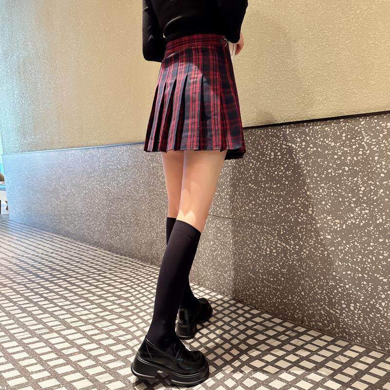 格子百褶裙女秋冬季高腰复古磨毛呢a字半身裙显瘦红色网短裙裤