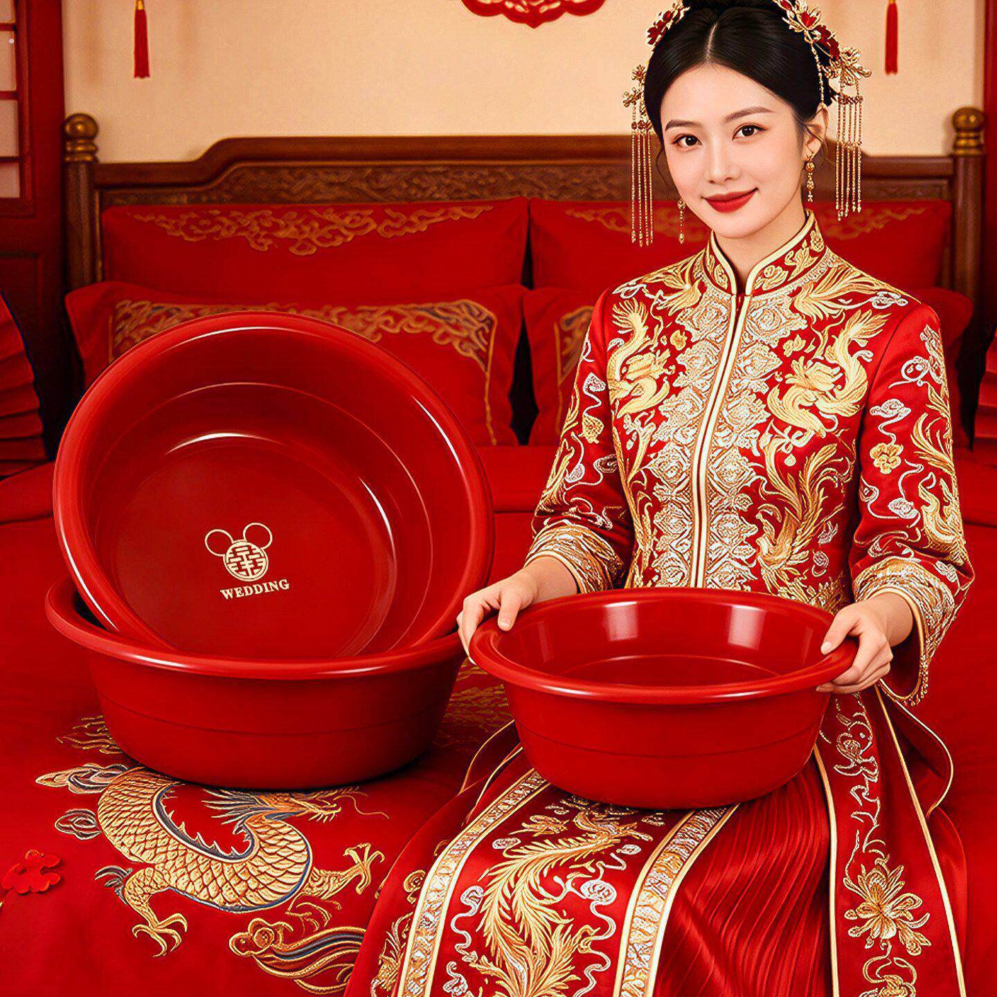 结婚喜盆女方陪嫁红色洗脸盆毛巾套装新娘嫁妆备婚婚庆用品大全