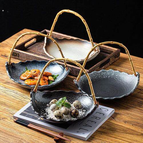 创意日式吊篮盘子个性西餐盘陶瓷提篮盘料理托盘带提手刺身料理盘
