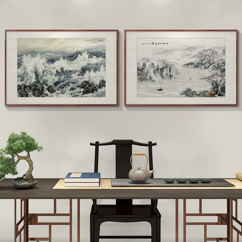 富春山居图山水画玄关挂画新中式小幅实木国画客厅走廊餐厅装饰画