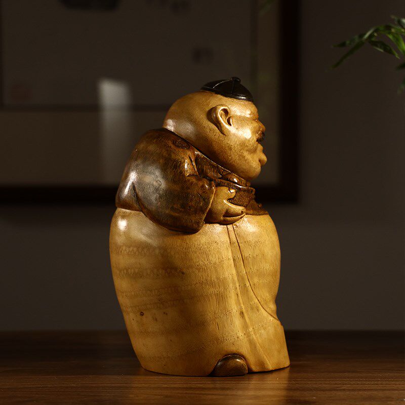 竹根雕老财主中式玄关装饰木雕家居橱窗装饰摆件招财复古创意财神