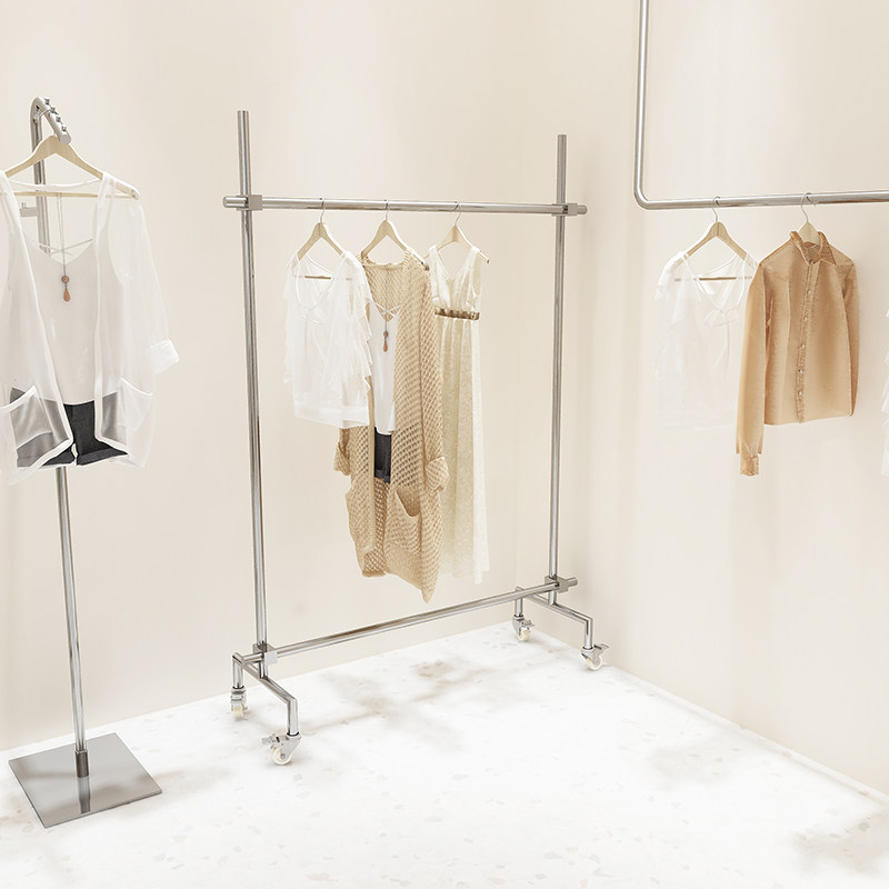 不锈钢服装店展示架女装店可调节挂衣架中岛架带轮子陈列货架衣架