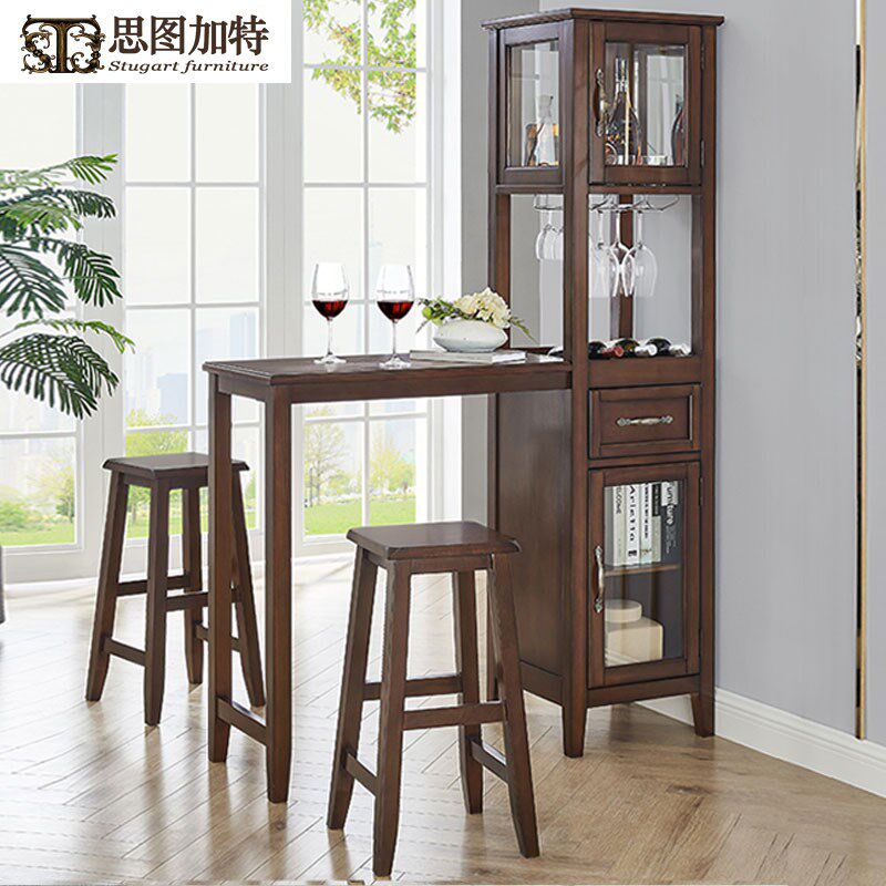 简约美式实木吧台桌椅酒柜一体客厅餐厅隔断柜小吧台凳靠墙酒柜