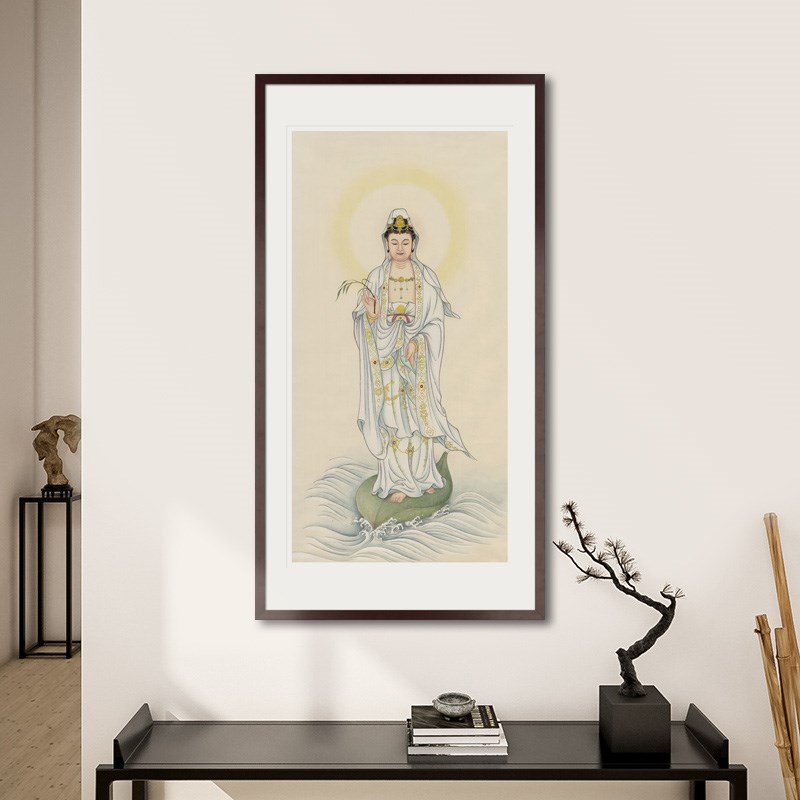 工笔人物国画一叶观音菩萨画像白衣观音洒水观音中式卷轴供奉挂画