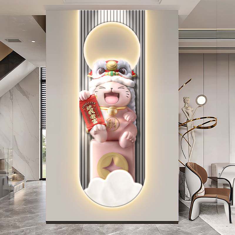 奶油风招财猫玄关装饰画醒狮客厅入户细长条挂画走廊过道带灯壁画