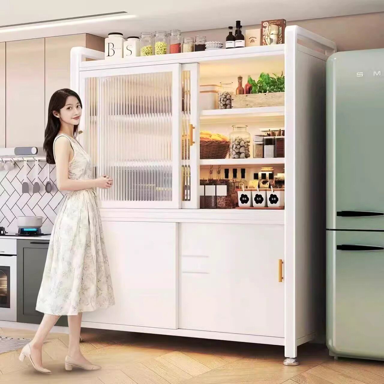 家用厨房多层推拉门锅碗收纳柜多功能储物置物架落地防尘餐边橱柜
