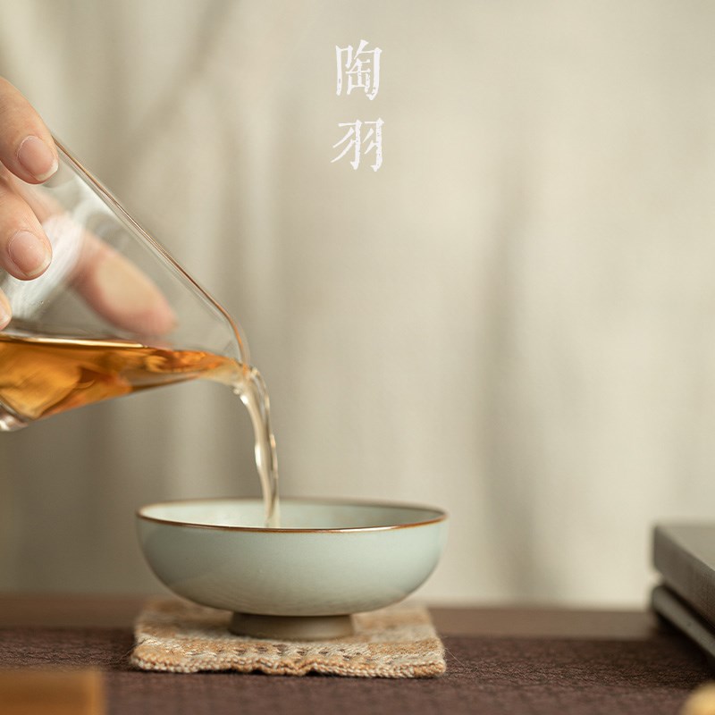 仿宋汝窑描银龙纹普洱杯家用陶瓷茶杯主人杯大号品茗杯功夫茶具