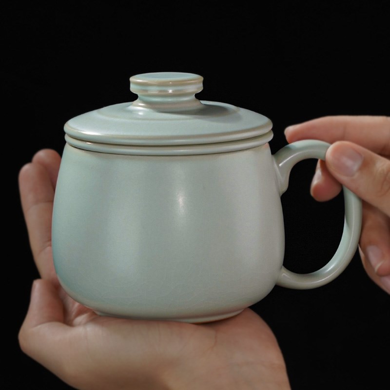 景德镇汝窑陶瓷茶杯带盖大容量主人杯手工汝瓷茶具办公杯泡茶过滤