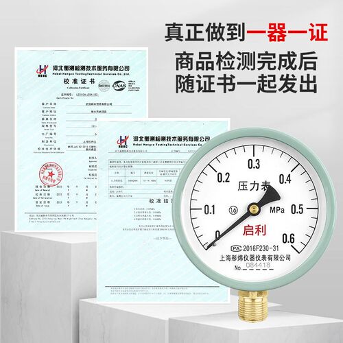 启利Y100压力表0-1.6mpa径向黄铜接头防锈耐磨气压水压表带检测书