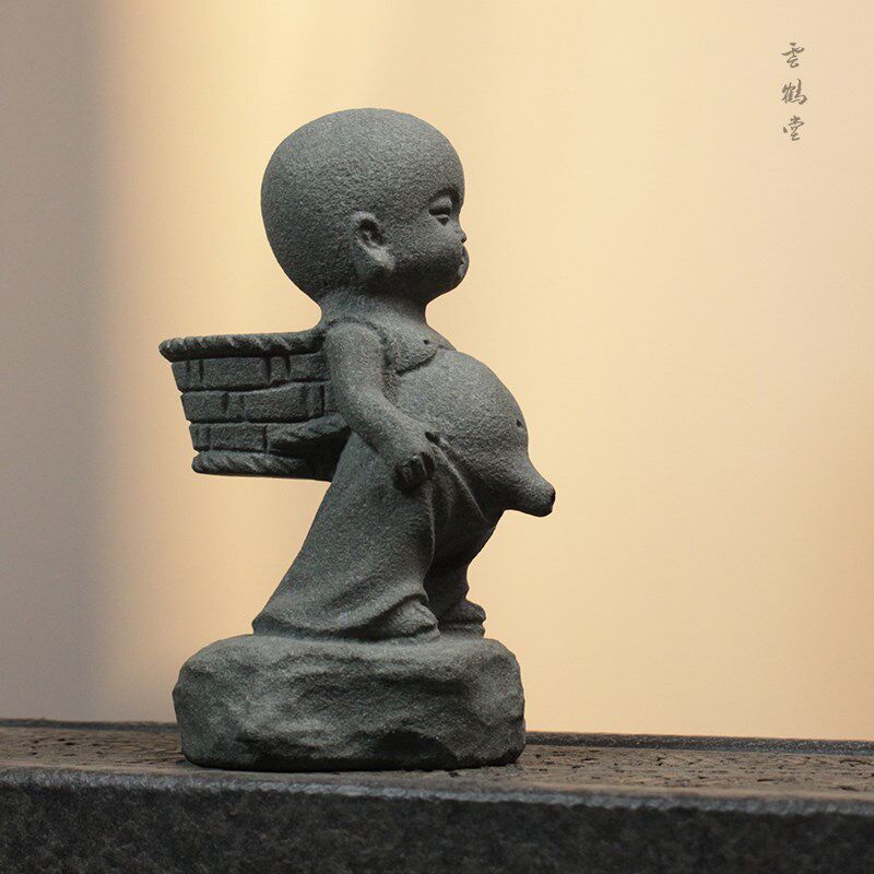 天然罗源青石童子茶漏 茶桌摆件撒尿小孩石雕茶宠喝茶可爱小摆件
