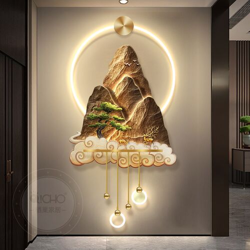 新中式背有靠山玄关装饰画九鱼图入户门挂画大气山水立体壁灯画