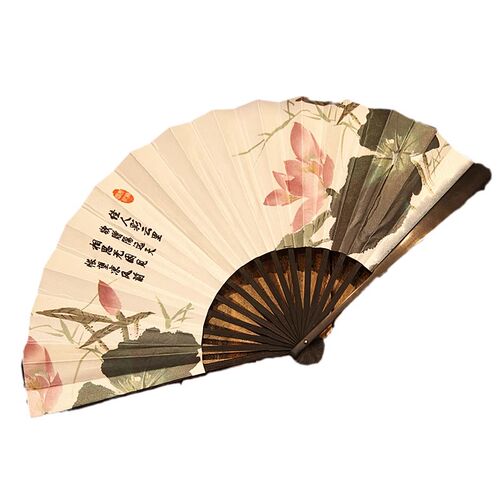 国潮插画折扇子 中国风复古风10寸汉服夏季荷花山水墨画黑色竹扇