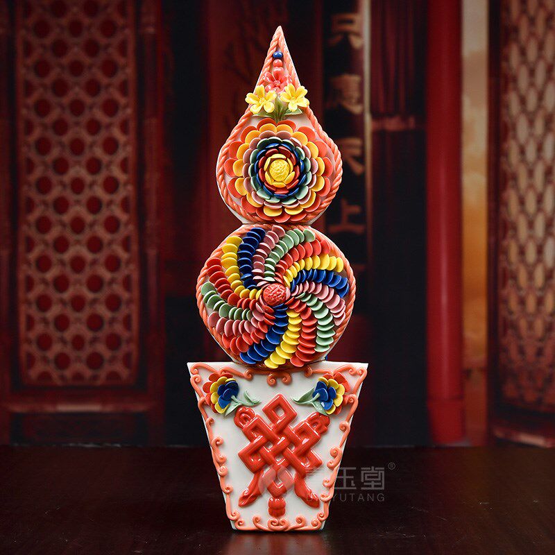 戴玉堂陶瓷工艺品瓷器藏传密法觉安钦巴八供朵玛食子/酥油花摆件