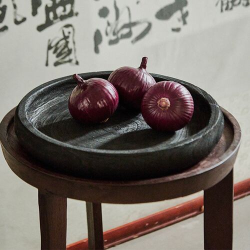 侘寂风复古黑色泡桐木圆形果盘阳台客厅茶几木质托盘装饰品摆件