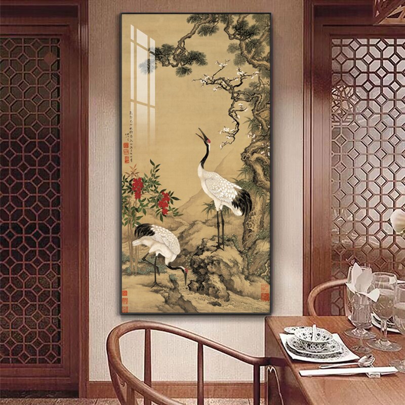 仙鹤图装饰画中式挂画仙鹤画鹤寿图字画玄关画走廊竖款松鹤延年