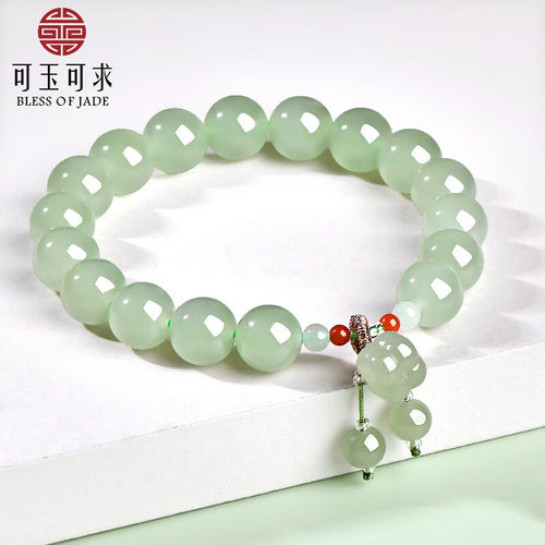 可玉可求天然青白玉手链女款圆珠串珠手串高品质礼物 D2569